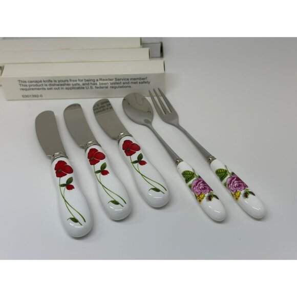 VTG Stainless Steel Porcelain Cheese Knife Spoon Set With Floral Ceramic Handles - Picture 2 of 8